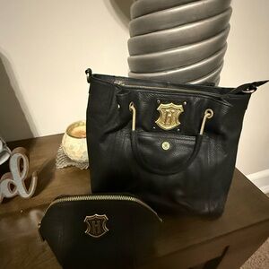 JW Hulme Black Leather Tote Bag & Pouch with Gold Accents